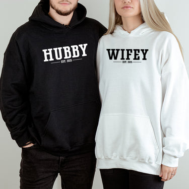 Custom Funny Hubby + Wifey Est Years Matching Hoodies For Couples